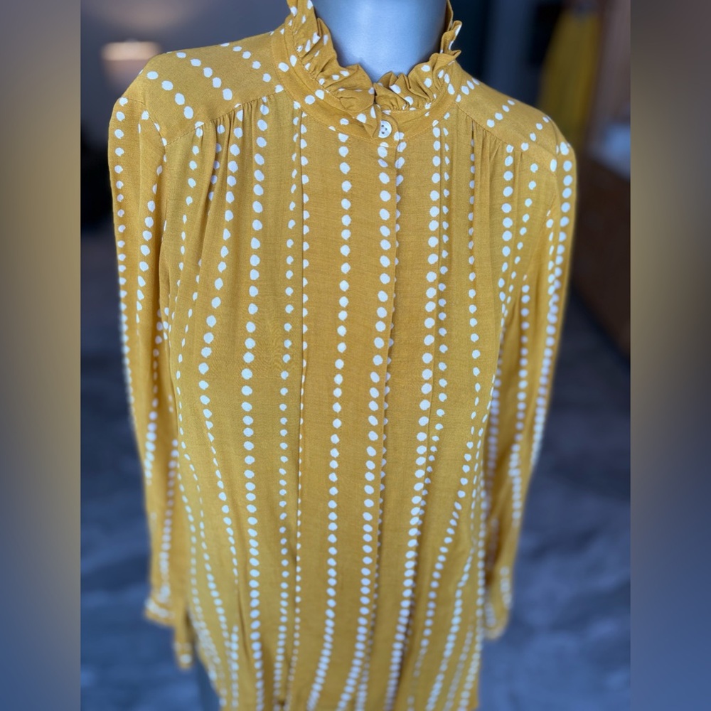 XXS Mustard Yellow Button Down Blouse Long Sleeves Mandarin Standing Collar